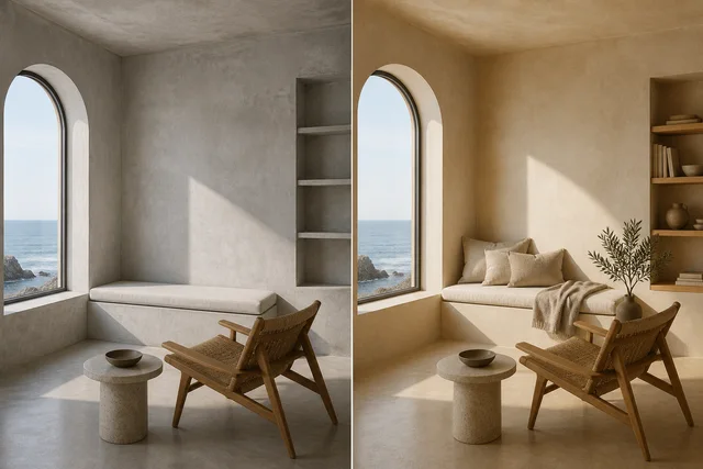 Before-and-after coastal reading room with preserved architecture and revised materials