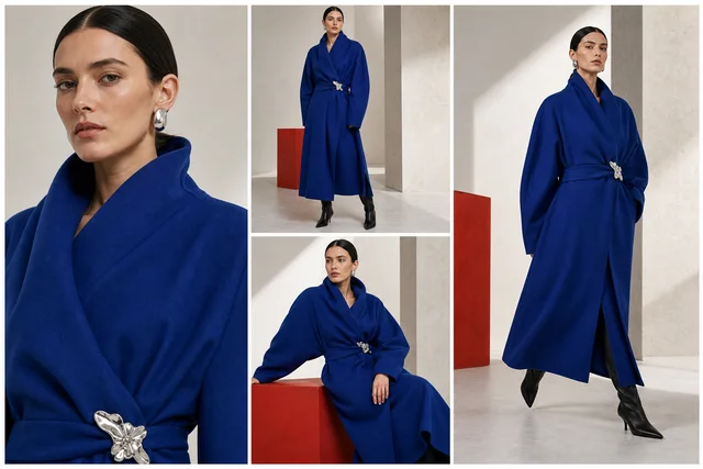 Consistent GPT Image 2.5 campaign images of the same model wearing a cobalt coat