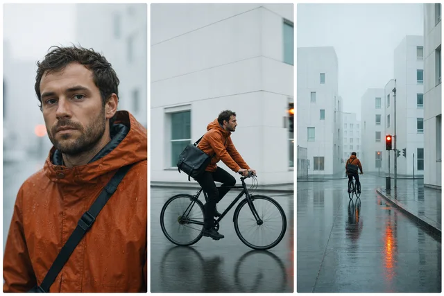 GPT Image 2.5 prompt-following example with the same bicycle courier across three frames