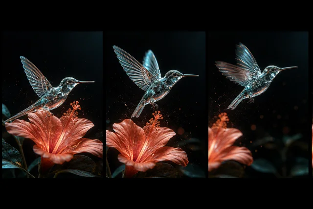 Five-frame motion study of a translucent glass hummingbird taking flight
