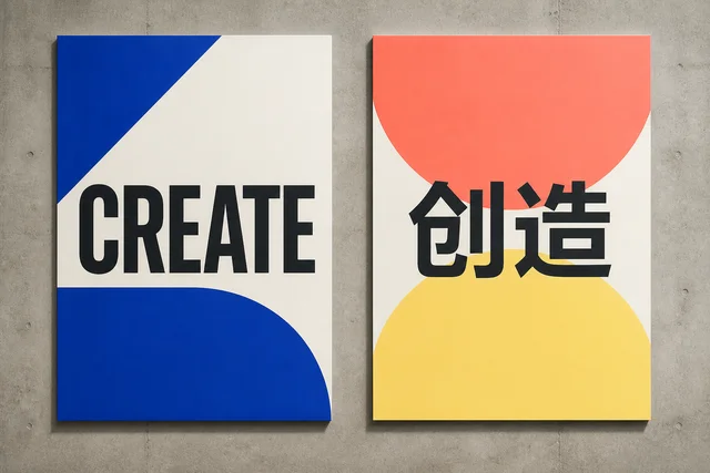 Multilingual art posters with crisp typography and a bold geometric print grid