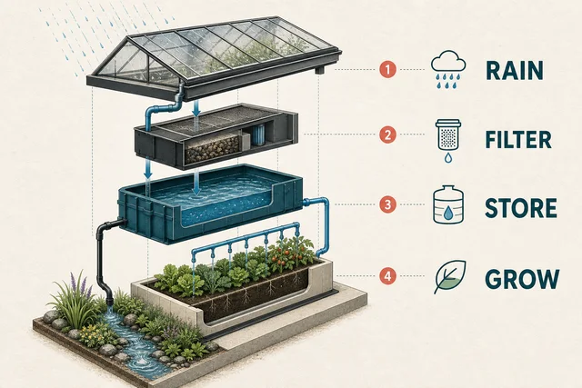 GPT Image 2.5 diagram example showing a rainwater-powered greenhouse module