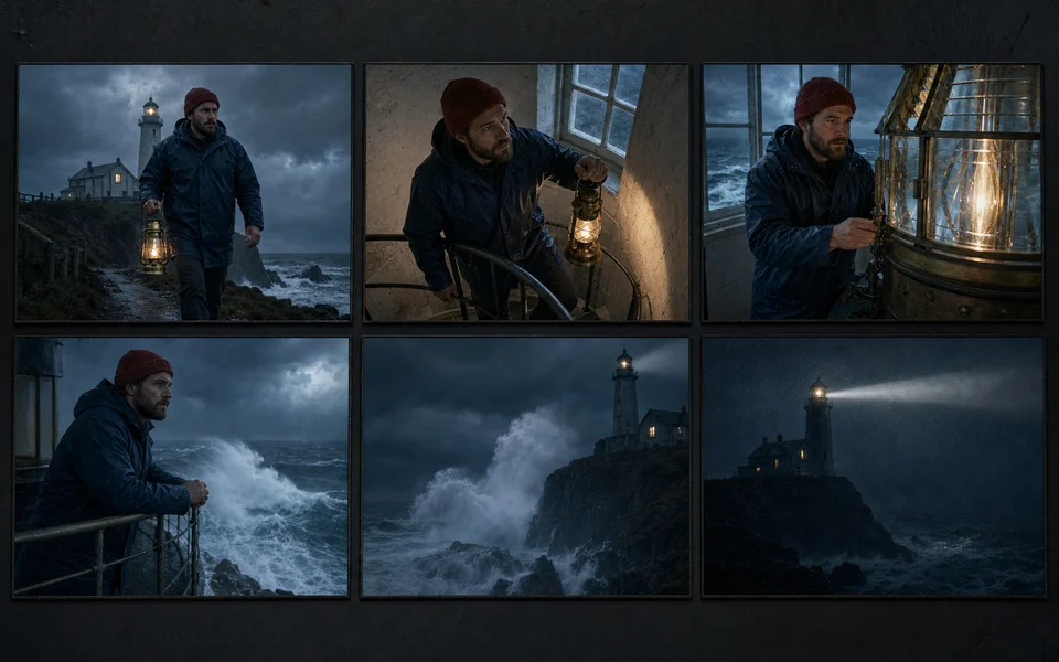 GPT Image 2.5 storyboard example following the same lighthouse keeper through six storm scenes