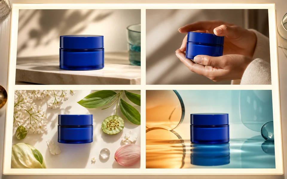 GPT Image 2.5 example showing a consistent cobalt skincare product across four campaign photographs
