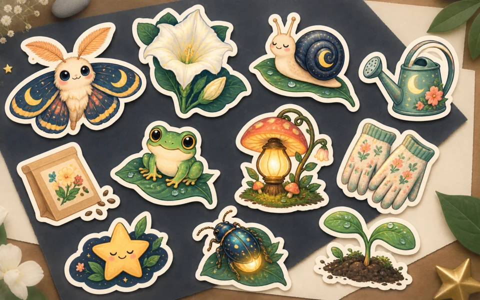 GPT Image 2.5 character example with a consistent night-garden sticker collection